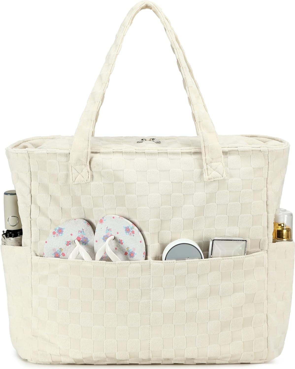 LEDAOU Large Beach Tote Bag Women Waterproof Sandproof Zipper Beach Tote Bag for Pool Gym Grocery Travel with Wet Pocket