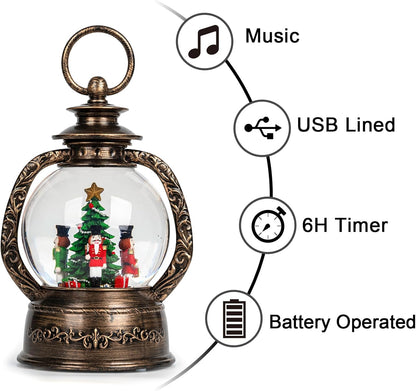Christmas Snow Globe Lantern Water Glittering Nutcrackers with Music & Timer, USB Lined/Battery Operated Lighted Lantern for Christmas Festival Decoration Gifts