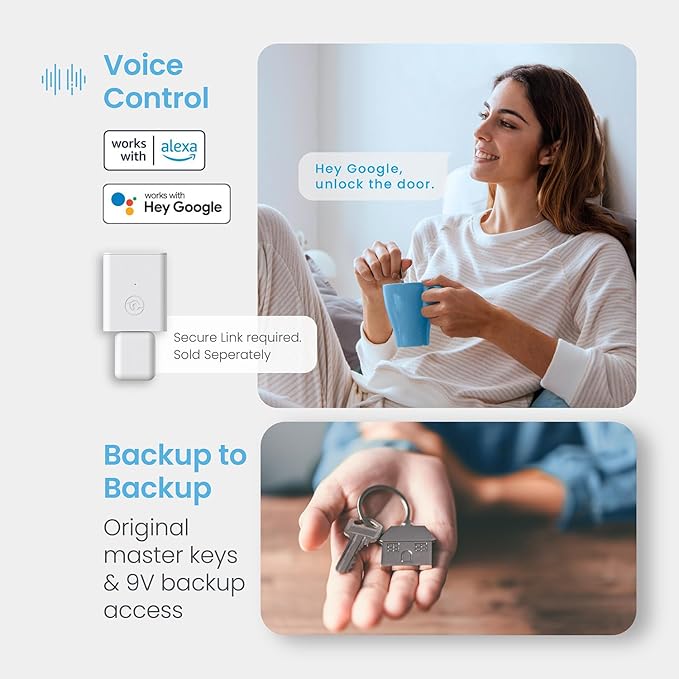 Lockly Secure Plus Bluetooth Smart Door Lock, Keyless Entry with PIN Genie® Digital Keypad, 3D Biometric Fingerprint Sensor Front Door Lock with Handle, Voice Control & Auto Lock - Latch Edition