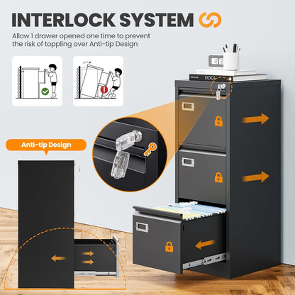 3 Drawer File Cabinet with Lock, Metal Filing Cabinets for Home Office, Vertical Black Locking File Caninet, Steel Narrow Three Drawer File Cabnet for Letter/Legal / A4 / B4- Assembly Required