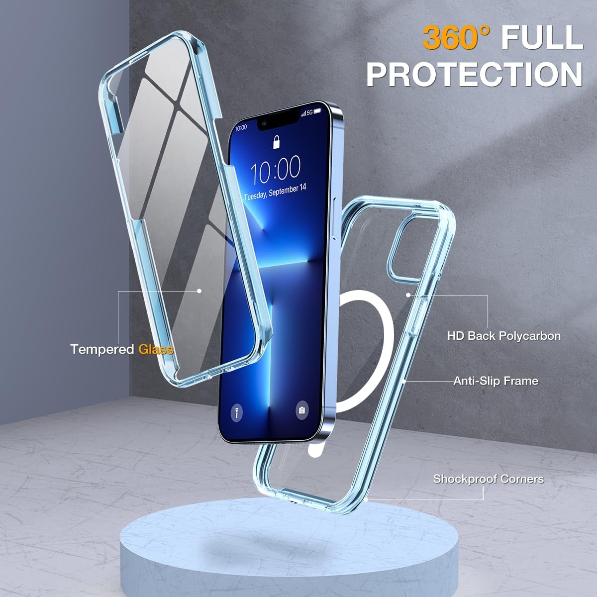 Miracase Magnetic for iPhone 13 Pro Max Case 6.7 inch, (Compatible with MagSafe) Upgrade Full-Body Clear Phone Bumper Case with Built-in 9H Tempered Glass Screen Protector, Magnetic Clear Blue