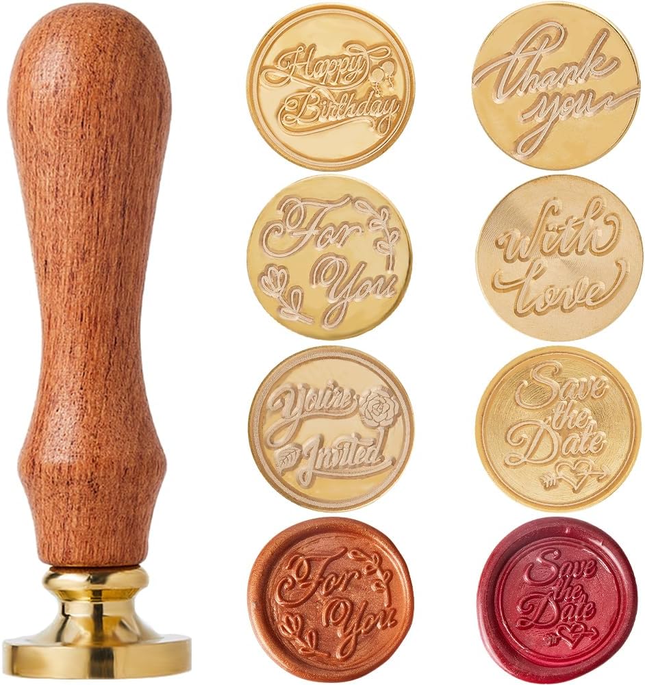 CRASPIRE 7 Styles Wedding Wax Seal Stamp Set 25mm Blessing Words Sealing Brass Head + 1Pc Wooden Handle Kit Thank You Happy Birthday You' re Invited Removable Envelopes Invitations Gift Wrap Decor