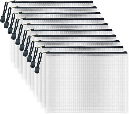 AUSTARK 10 Pcs Zipper File Bags, Waterproof Plastic Mesh Pouch for Office School, Board Game Storage Bags (A5 Size 9.2''x6.7'', White and Black)