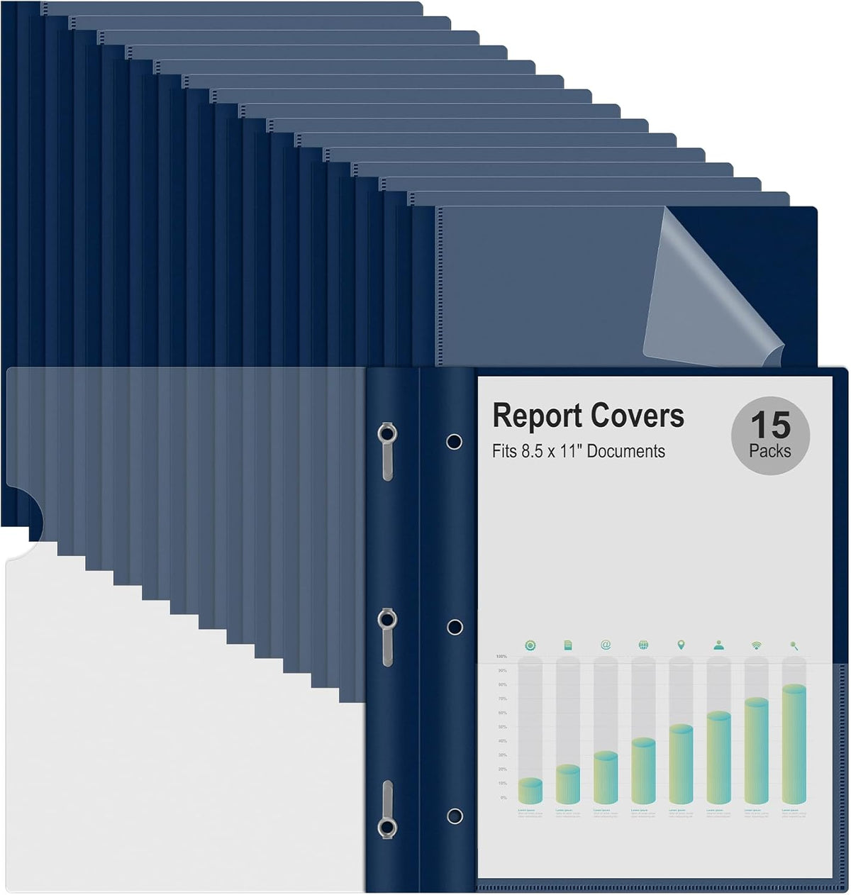 Ndsox 15 Packs Clear Front Report Covers with 3-Prong Fasteners Plastic Project Presentation Folders Resume Document Covers with Navy Blue Back for 8.5x11" Letter Size Paper for School Office Business