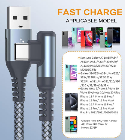 sweguard USB Type C Charger Cable Right Angle [2-Pack,20FT] iPhone 16 Charger Nylon Braided Cord for iPhone 15 16 Pro Max Samsung Galaxy S25 S24 S23 S22 S21 S20 S10 S9 Note A15 A55 Flip Pixel LG Moto