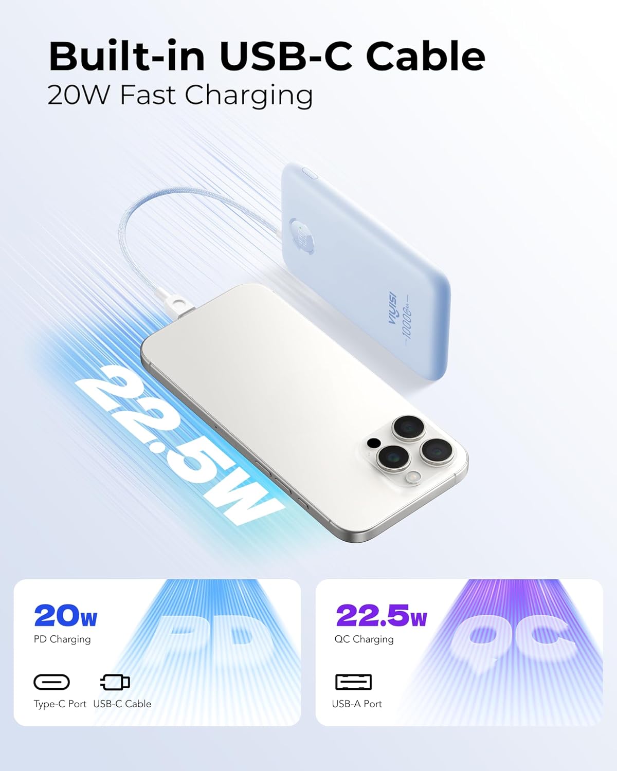 Slim Portable Charger 10000mAh, Travel Power Bank with Built-in USB-C Cable & LED Display, 22.5W Fast Charging Battery Pack Compatible with iPhone 16 15 Samsung S24 S23 -Blue