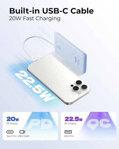Slim Portable Charger 10000mAh, Travel Power Bank with Built-in USB-C Cable & LED Display, 22.5W Fast Charging Battery Pack Compatible with iPhone 16 15 Samsung S24 S23 -Blue