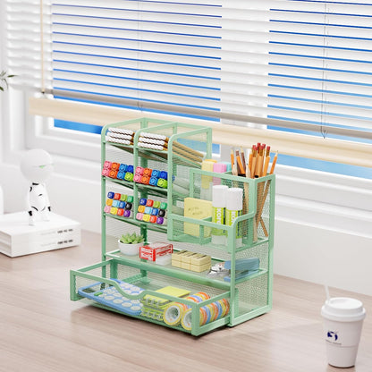 Marbrasse Mesh Pen Holder for Desk, Multi-Functional Pencil Organizer with Drawer, Desk Organizers and Accessories for Office Art Supplies (Green)