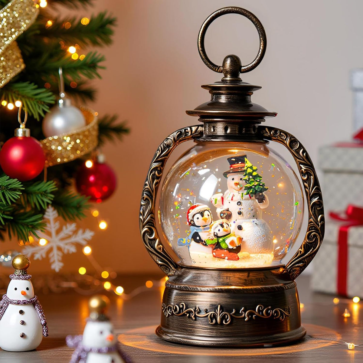 Christmas Snow Globe Lantern Water Glittering Snowman & Penguins with Music & Timer, USB Lined/Battery Operated Lighted Lantern for Christmas Festival Decoration Gifts