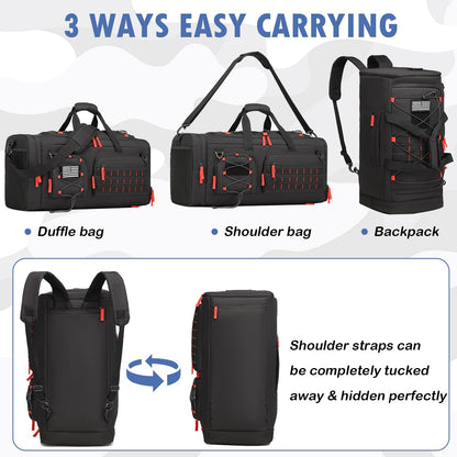 Gym Bag for Men and Women, 50L Extra Large Duffle Bag, 3-in-1 Travel Sports Duffel Bags with Shoe & Laptop Compartment for Overnight Weekender Gym Traveling Workout Deployment, Black+Red