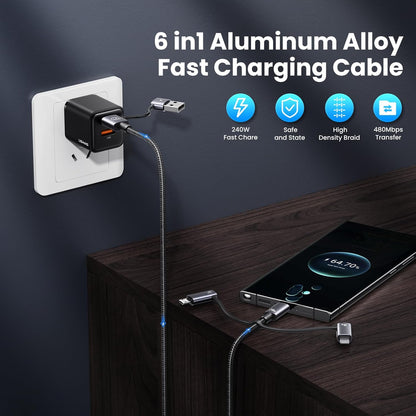 240W Multi Charging Cable, 4ft 6-in-1 USB C Cable Fast Charging Cords with USB-C/A Ports to IP/Type C/Micro Connectors for Pad/Cell Phones/Tablets/Laptop