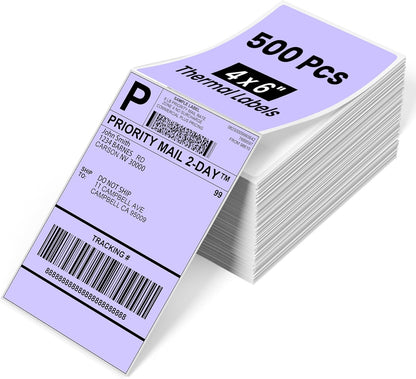 Phomemo 4x6 Thermal Labels for Shipping Label Printer - 500PCS Purple Mailing Labels - 4x6 Direct Thermal Labels Fanfold Compatible with Rollo,MUNBYN,iDPRT,JADENS,POLONO - Water/Oilproof - NO BPA/BPS