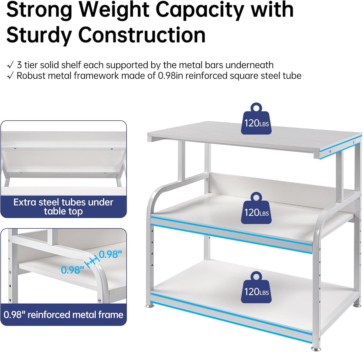 Printer Stand, 32.3" x 18.9" x 32.1" Extra Large Printer Table with Adjustable Storage Shelf, 3 Tier Rolling Printer Cart with Industrial Wheels for Home Office, White