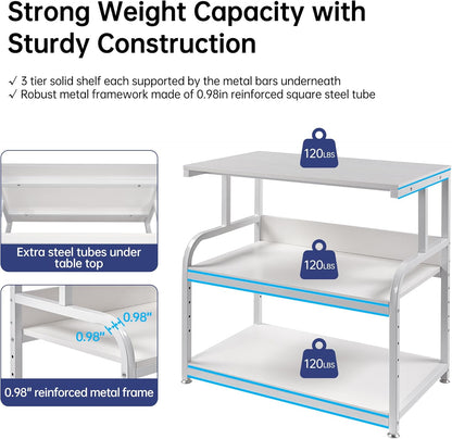 Printer Stand, 32.3" x 18.9" x 32.1" Extra Large Printer Table with Adjustable Storage Shelf, 3 Tier Rolling Printer Cart with Industrial Wheels for Home Office, White