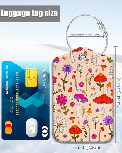 2 Pack Luggage Tags for Suitcase, Funny Creative Mushroom Leather Suitcase Tags Cruise Ship with Privacy Cover and Double Metal Loop for Women Men Girls Boys Travel Baggage Bag Backpack Tags