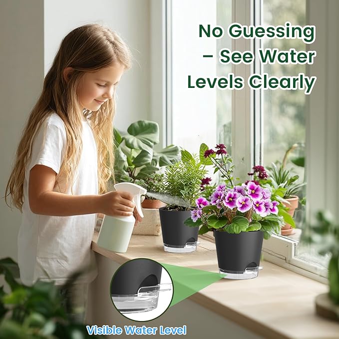 5 inch Self Watering Flower Pots for Indoor Plants, 5 Pack Small Plant Pots with Drainage Holes & Clear Reservoir for Visible Water Level, Plastic Wicking Planter Pots for House Plants, Black