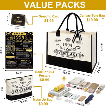 YeohJoy 31st Birthday Gifts for Her Canvas Tote Bag Travel Gear, Unique 31 Years Old Birthday Gifts for Girlfriend Sister Friends Women, Vintage 1994 Handbag & Cosmetic Bag & Back in 1994 Poster