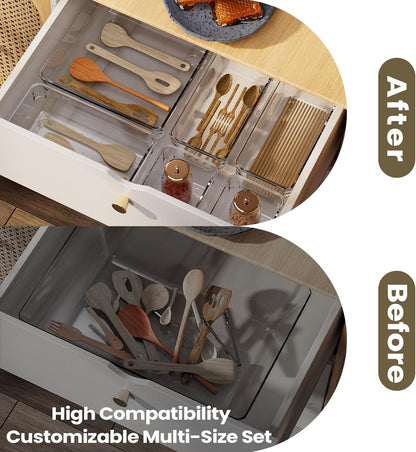 21 PCS Clear Plastic Drawer Organizer Set, 5 Sizes Acrylic Drawer Storage Trays Non Slip Storage Bins for Makeup, Jewelry, Gadgets for Kitchen, Bedroom, Bathroom, Office