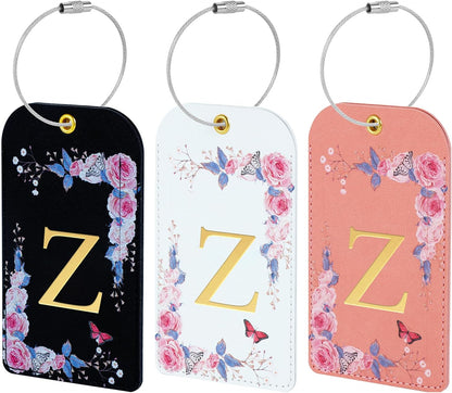 3 Pack Luxury Floral Luggage Tags, Durable PU Leather Suitcase Tags with Stainless Steel Cable Strap, Hidden ID Slot for Privacy Protection, Easy to Identify Waterproof Travel Accessories Gift (Z)