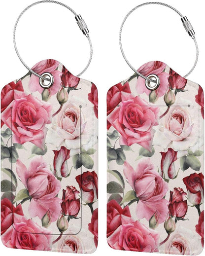 2PC Red Rose Flower Luggage Tag with Privacy Cover Id Card Stainless Steel Loop, Pink Floral Travel Baggage Identifiers Tags Luggage for Women Men Suitcase Name Labl