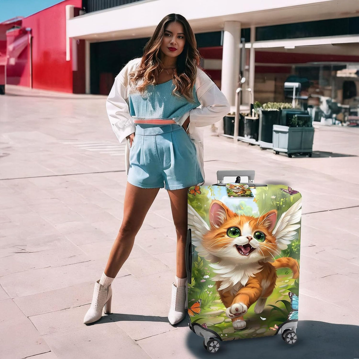 Travel Luggage Cover,Cute Cat Theme Suitcase Cover Accessory Kit, Luggage Tag, and Comfortable Luggage Handle Wrap, Washable Zipper Close Luggage Suitcase Protector (18-20 inch,S)