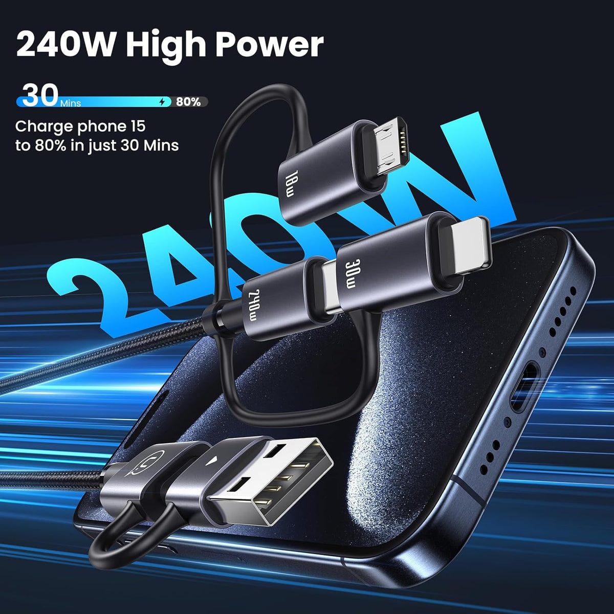 240W Multi Charging Cable, 4ft 6-in-1 USB C Cable Fast Charging Cords with USB-C/A Ports to IP/Type C/Micro Connectors for Pad/Cell Phones/Tablets/Laptop