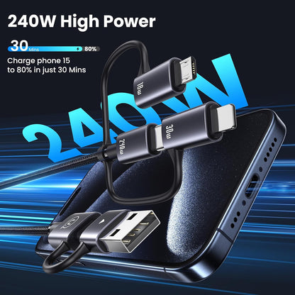 240W Multi Charging Cable, 4ft 6-in-1 USB C Cable Fast Charging Cords with USB-C/A Ports to IP/Type C/Micro Connectors for Pad/Cell Phones/Tablets/Laptop