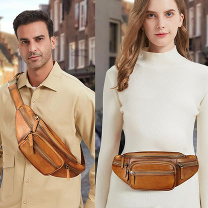 Genuine Leather Fanny Packs for Women and Men Waist Bag Vintage Hip Bum Bag Over Shoulder Crossbody Sling Bag (Black)