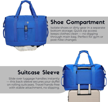 SUNNY BIRD Duffel with Utility Pouch, 40L Weekender Overnight Bag with Shoe Compartment for Travel and Sports (Blue)