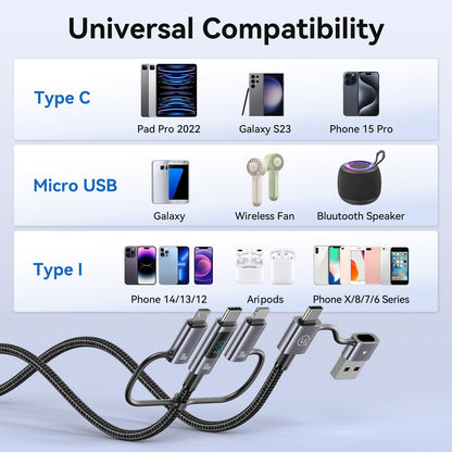Multi Charger Cord 6 in 1 USB Cable Fast Charging Cable - PD 60w USB c Multi Fast Charging Cable with Led Display - 6 ft USB C/A to Type C/Phone/Micro Charger Cable Com patible with Phone/Laptops