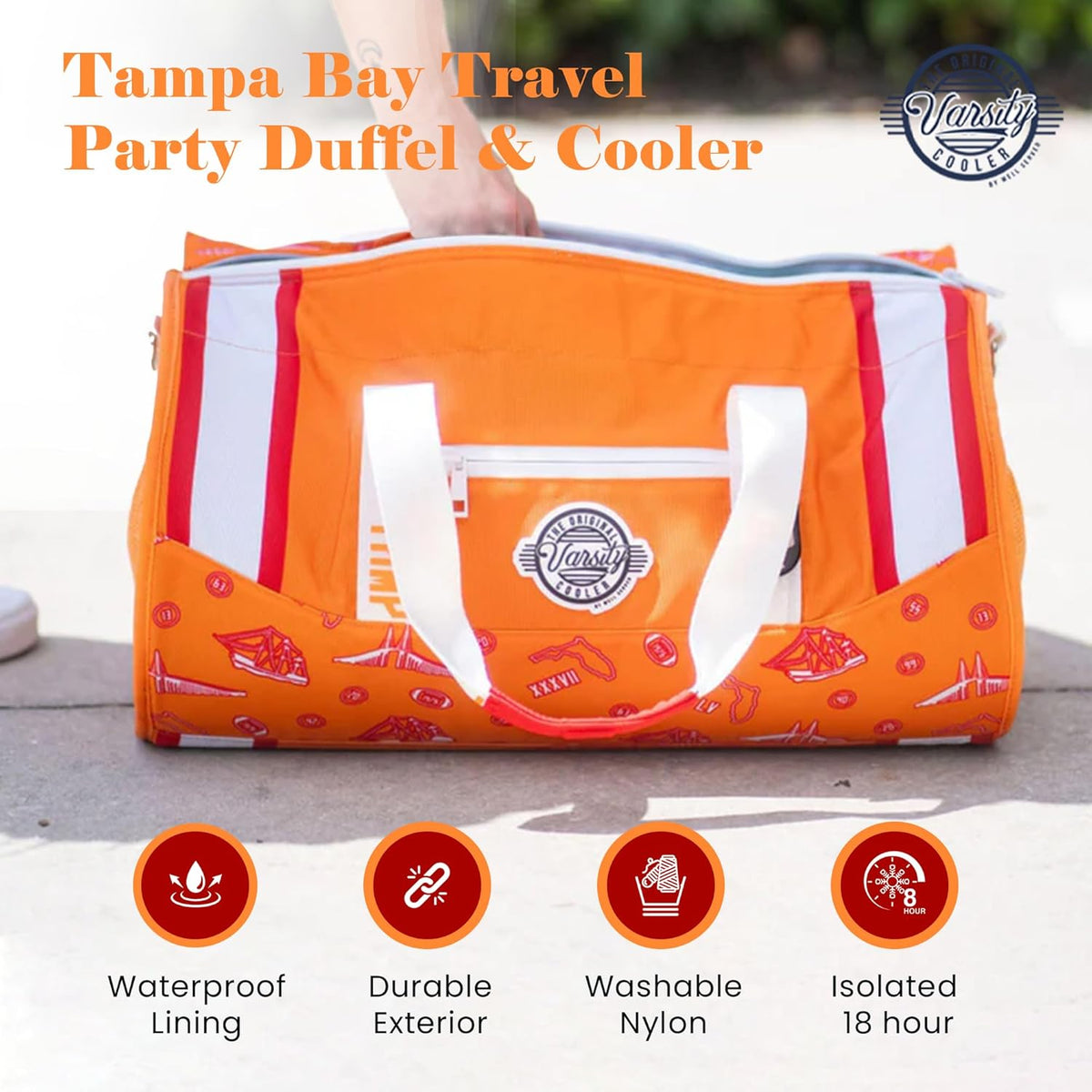 Varsity Cooler Tampa Bay Travel Party Duffel & Cooler – 30 Can Leakproof Insulated Tote Bag, Waterproof Soft Compartment for Tailgating, Golf, Beach, Carry-On Luggage & Outdoor Sports