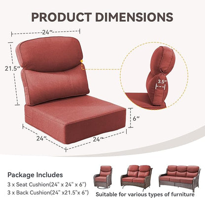 Outdoor Cushion Set for Patio Furniture, UV Resistant, Water Resistant - 6 Inch Thick Dual Layer Back Support Cushions– 24x24 Inch Patio Seat Covers for Chair/Sofa/Couch | Red | 3-Pack |