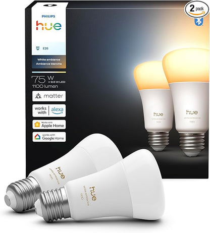 Philips Hue Smart LED A19 Bulb, White Ambiance, E26 Base, 9.5W, Full Spectrum Light 1000K-20000K, 1100 Lumens, Dimmable, Works with Alexa, Google, and Apple Home, 2pk