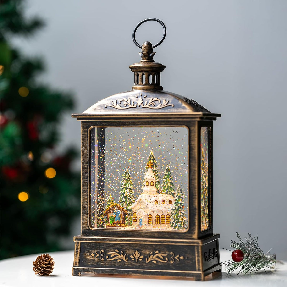 Christmas Snow Globe Lantern Water Glittering Churche & Manger Scene with Music & Timer, USB Lined/Battery Operated Lighted Lantern for Christmas Festival Decoration Gifts