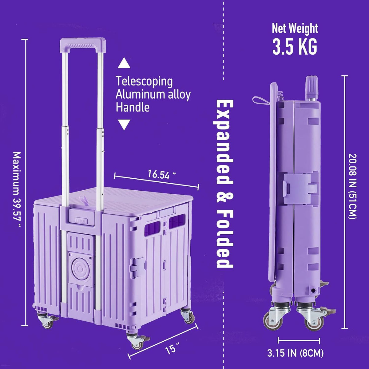 Folding Utility Cart Portable Rolling Crate Handcart Shopping Trolley Collapsible Tool Box, with Lid, Basket on 4 Rotate Wheels, for Grocery, Shopping, Office, Storage, Teacher (Purple)