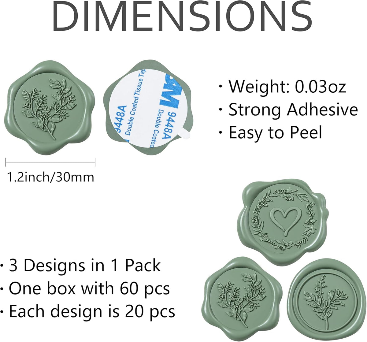 60 Pcs Dark Sage Green Wax Seal Stickers Self-Adhesive Envelope Seals Stamp Stickers, Perfect for Wedding Invitations Seating Chart Christmas Gift Wrapping 3 Designs in 1 Pack