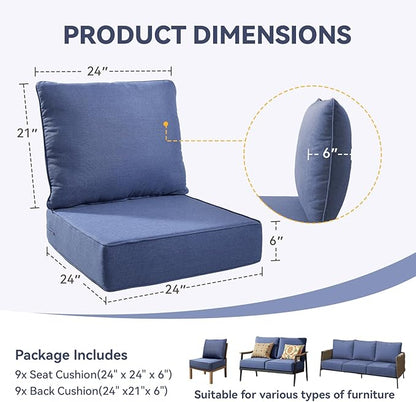 Outdoor Cushion Set for Furniture Patio Furniture, UV Resistant, Water Resistant - 6 Inch Thick Foam Garden Cushions– 24x24 Inch Patio Seat Covers for Chair/Sofa/Couch | Blue | 9-Pack |