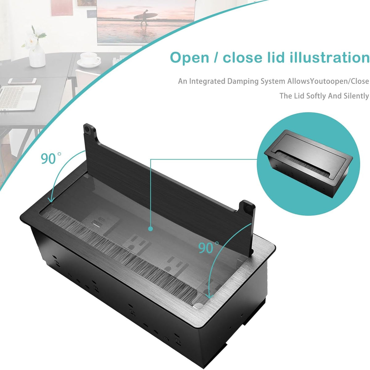 Conference Table Power Hub; Outlet Multimedia Connectivity Box with 3 AC outlets; USB-A+USB-C 18W 8FT 16AWG UL Listed Flat Plug Used for Office Conference Tables-High end Aluminum Alloy