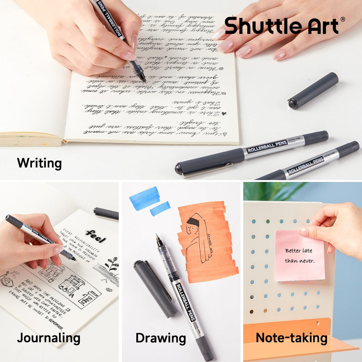 Shuttle Art RollerBall Pens, 25 Pack Black Fine Point Roller Ball Pens, 0.5mm Liquid Ink Pens for Writing Journaling Taking Notes School Office