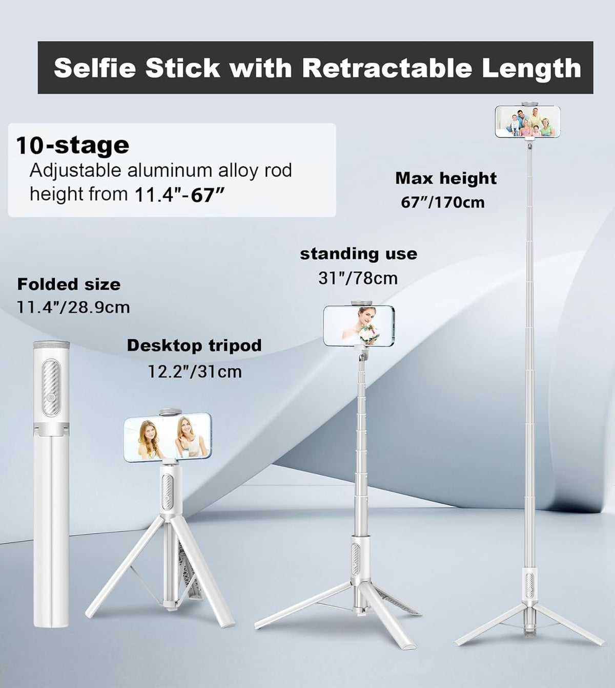 TONEOF 67" Travel Tripod,Selfie Stick,All-in-1 Phone Stand with Integrated Wireless Remote,Lightweight and Portable,Extendable for iPhone and Android(White)