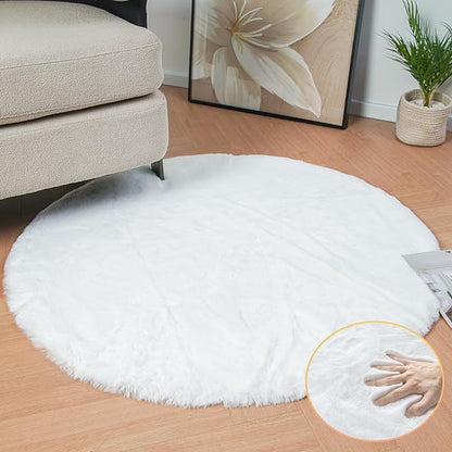 ORINOVA White Faux Rabbit Washable Fur Area Rugs Circle Rugs for Living Room Bedroom Teen Room Fluffy Area Rug 3ft Round Rug