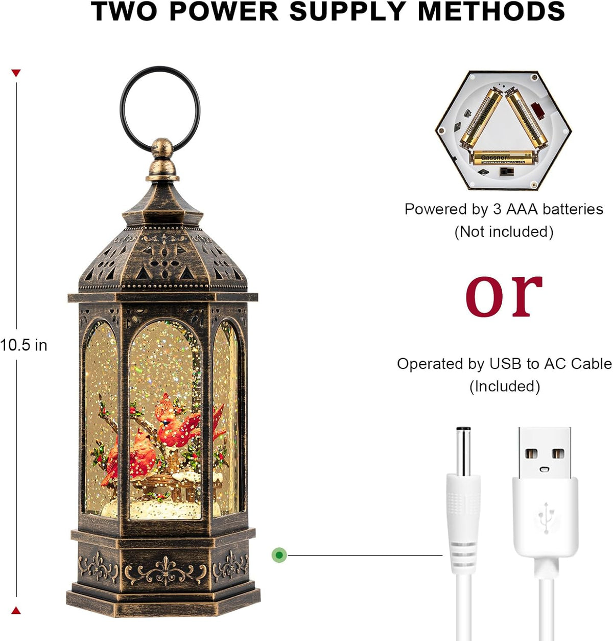 Christmas Snow Globe Lantern Water Glittering 10.5'' Cardinal with Music& Timer, USB Lined/Battery Operated Lighted Lantern for Christmas Festival Decoration Gifts