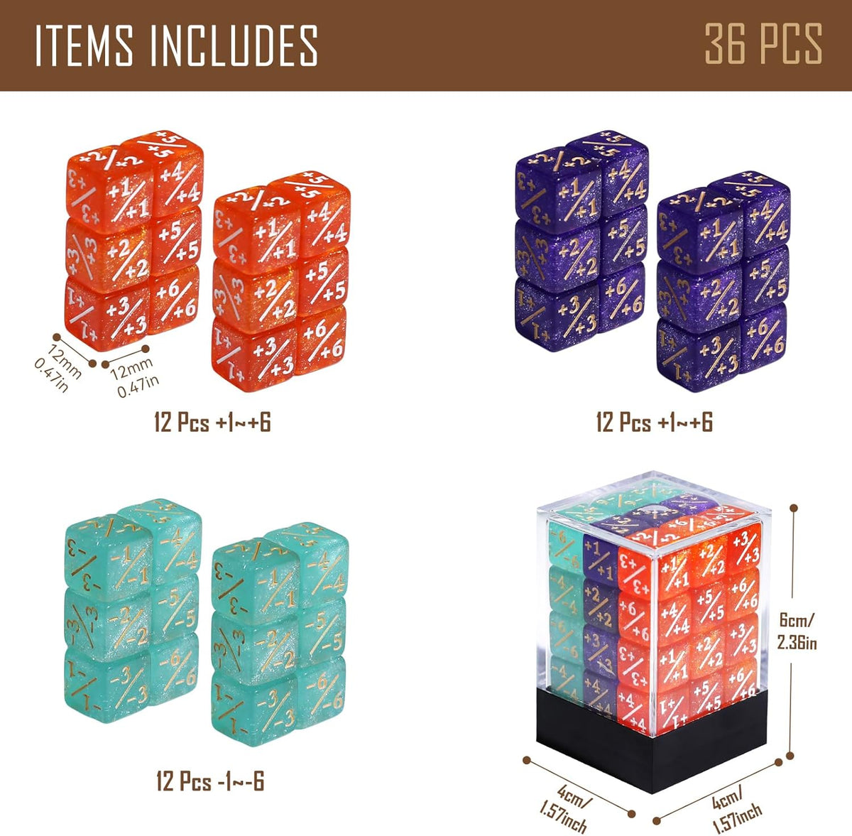 36PCS 12mm MTG Life Counters Dice Set with Box, MTG +1/+1 Tokens 6 Sided Mini Dice Set for Magic The gatering, Compatible with TCG CCG Magic Card Gaming Accessories