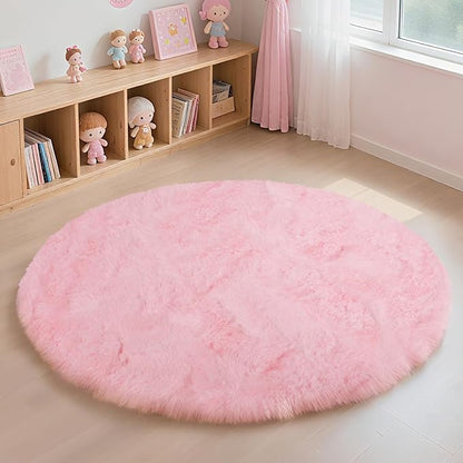 yulidayang Pink Fluffy Round Area Rugs for Bedroom,5'X5'Shag Circle Area Rugs for Girls Room,Non Slip Fuzzy Plush Rug for Kids Room Living Room and Dorm Home Decor Rug