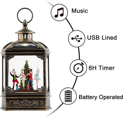 Christmas Snow Globe Lantern Water Glittering Nutcracker Ballet Stage with Music & Timer, USB Lined/Battery Operated Lighted Lantern for Christmas Festival Decoration Gifts
