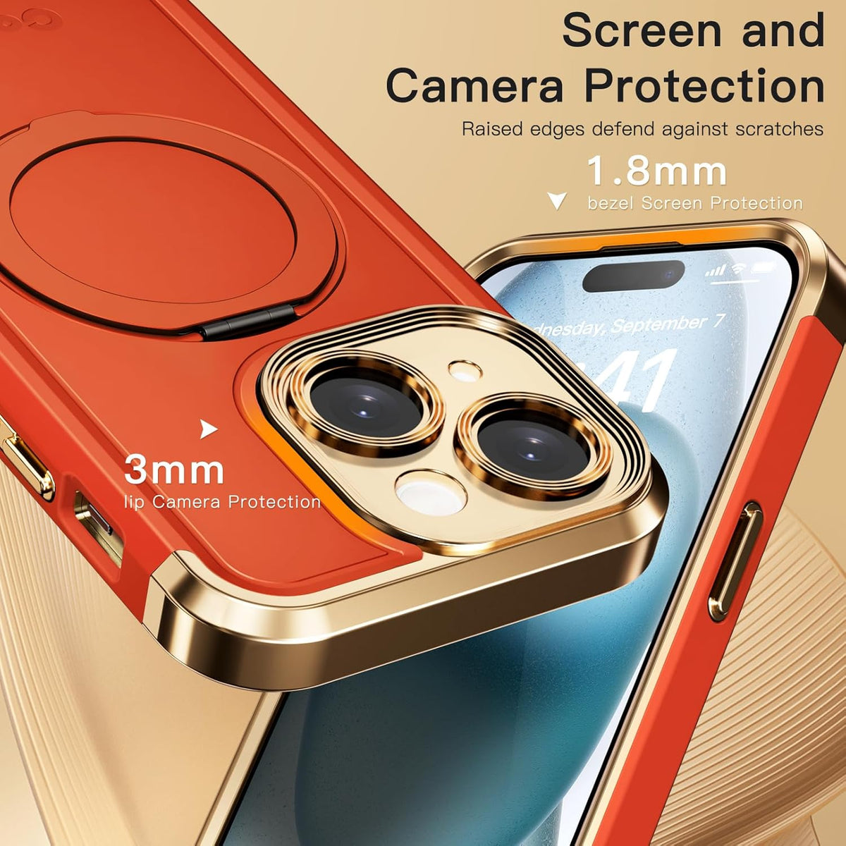 COOLQO for iPhone 14 Case 6.1'' Upgraded 360° Spin Magnetic Stand [Compatible with Magsafe][Military Grade Drop Protection] Shockproof Protective Phone Holder Cover for iPhone 14, Orange Gold