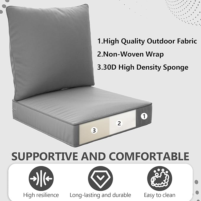 22" x 22" x 6" Outdoor Deep Seat Cushions - Waterproof & Fade Resistant Patio Furniture Replacement Cushions, Non-Slip Outdoor Cushions Fit Loveseats, Couches, Chairs, and Sofas