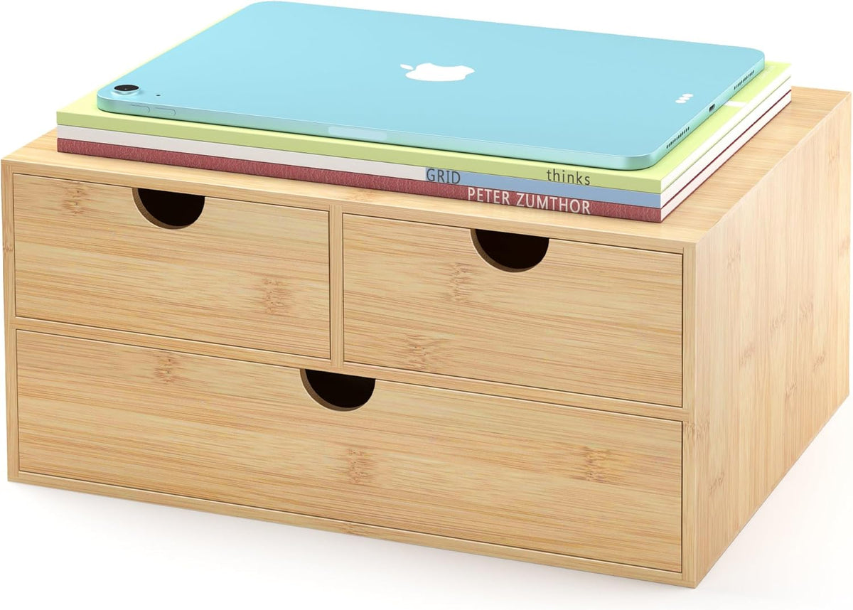 Bamboo Desk Drawer Organizer, Large Desktop Organizer with Drawers Tabletop Storage Organization Box for Office Home Toiletries Supplies Vanity, No Assembly Required (L-3 Drawers)