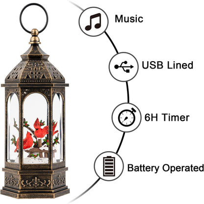 Christmas Snow Globe Lantern Water Glittering 10.5'' Cardinal with Music& Timer, USB Lined/Battery Operated Lighted Lantern for Christmas Festival Decoration Gifts