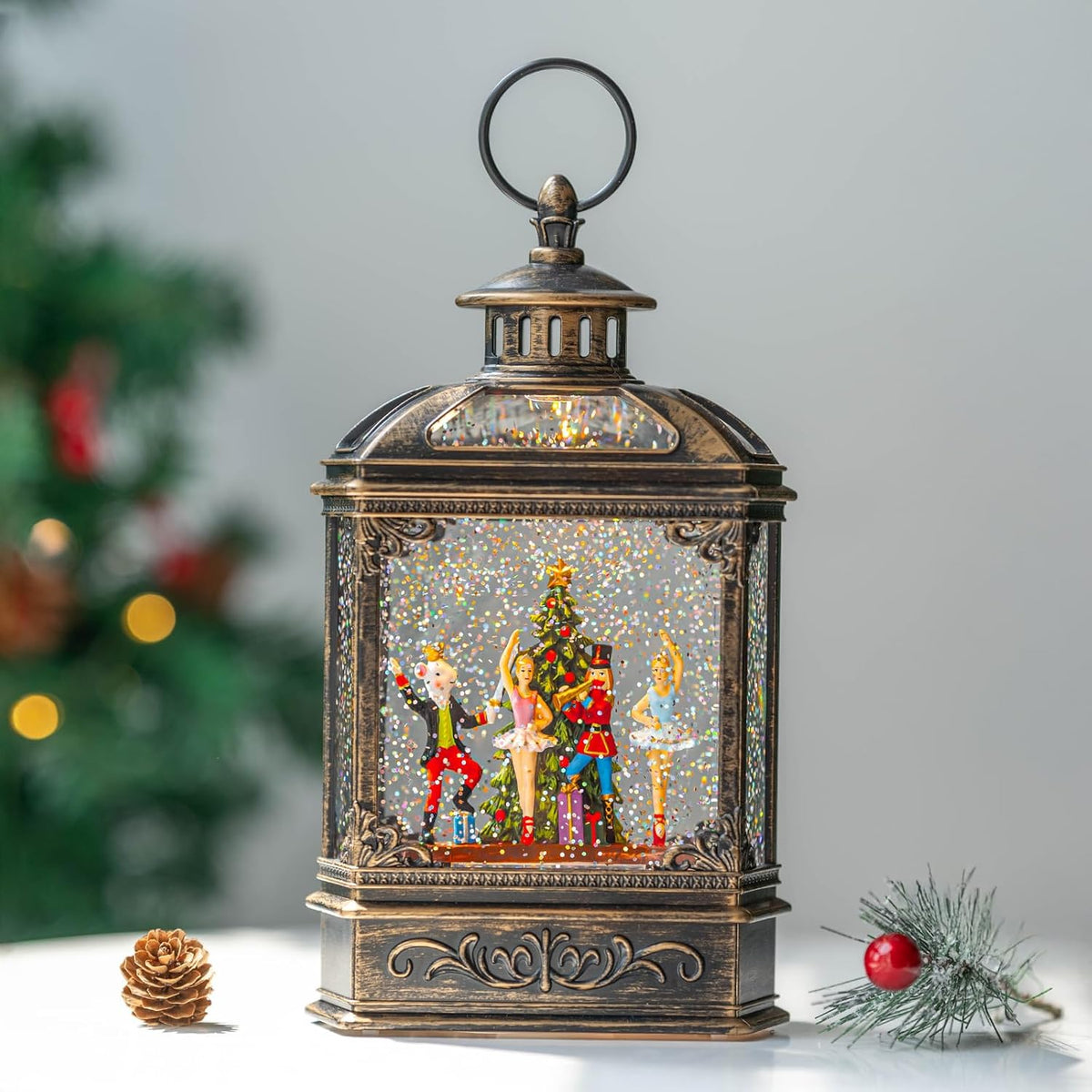 Christmas Snow Globe Lantern Water Glittering Nutcracker Ballet Stage with Music & Timer, USB Lined/Battery Operated Lighted Lantern for Christmas Festival Decoration Gifts